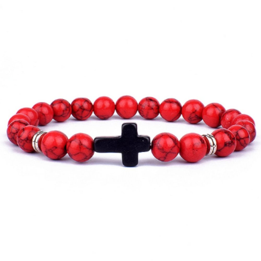 Red Howlite Bracelet,Cross Bracelet,Red Bracelet,8mm Red Howlite Beads
